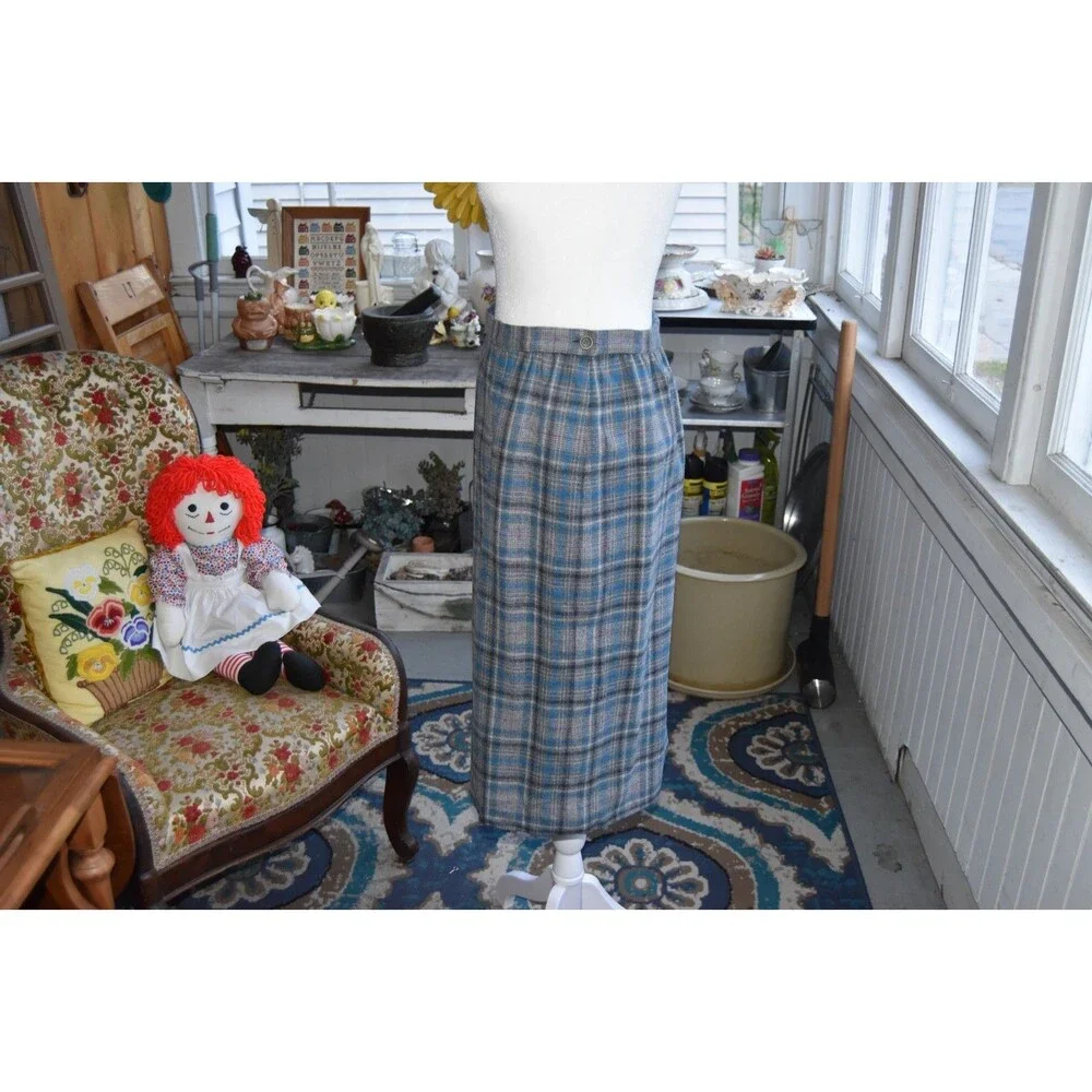 Womens Vintage PENDLETON Gray Blue Plaid Tartan Wool Pencil Skirt Sz M USA MADE
